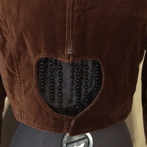Vintage Jump Velvet Brown Jacket with Beaded Heart Cut Out Size Small - Picture 4 of 14